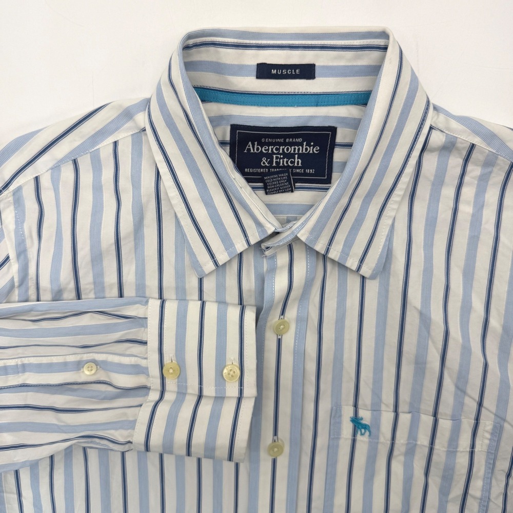 Abercrombie & Fitch Button Down Men XL Blue White Muscle Fit Striped Shirt 6001